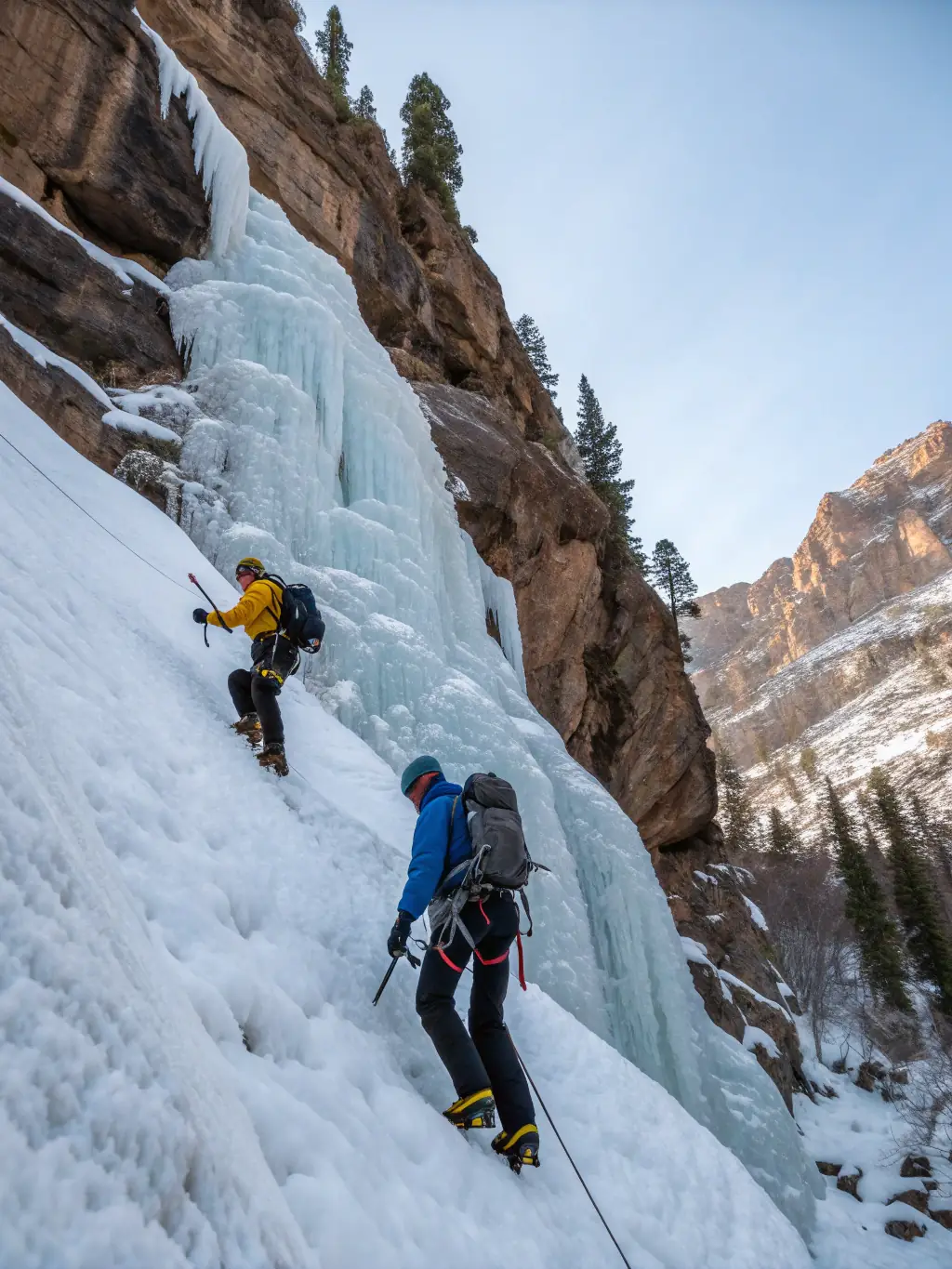 A captivating image of climbers tackling a steep ice climb in Ouray, Colorado, emphasizing the app's versatility for different climbing styles.