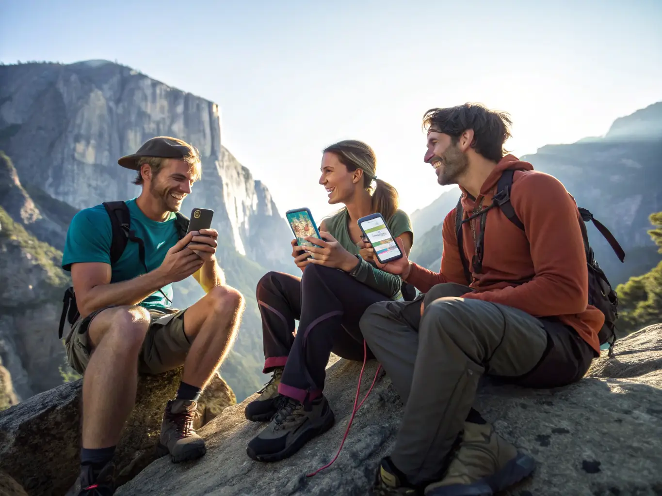 A group of climbers using the ClimbFinder app to share their experiences and tips in a community forum, showcasing the app's social features.
