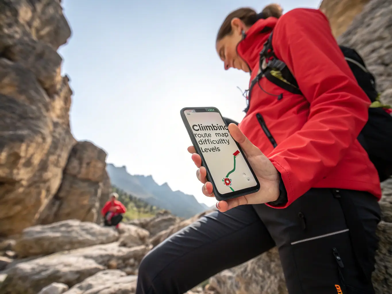 A person using the ClimbFinder app on their smartphone while standing at the base of a climbing route, with the app displaying route information and difficulty level.