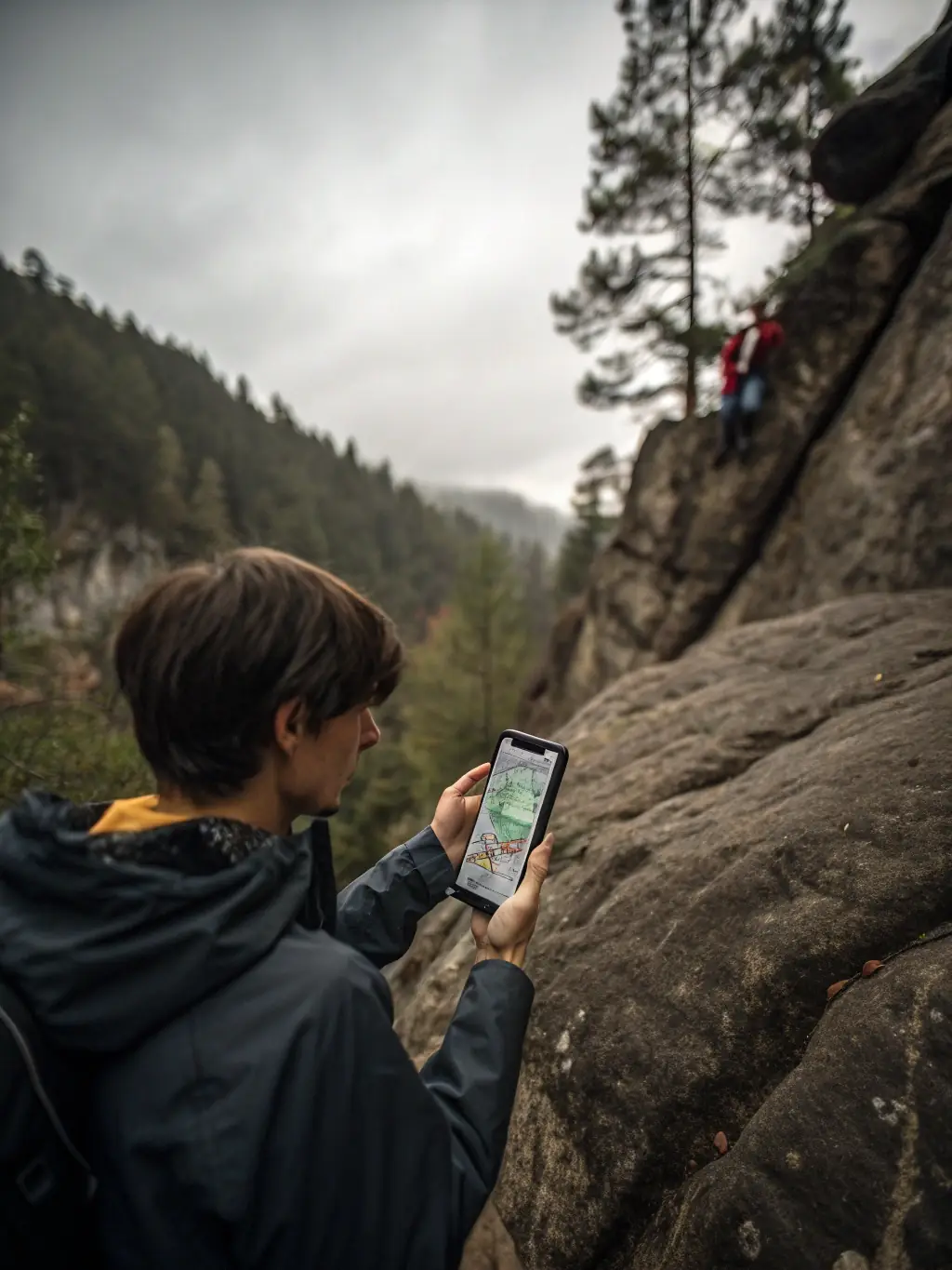 A person using the ClimbFinder app on their phone while standing at the base of a climbing route, with the app displaying offline maps and route information.
