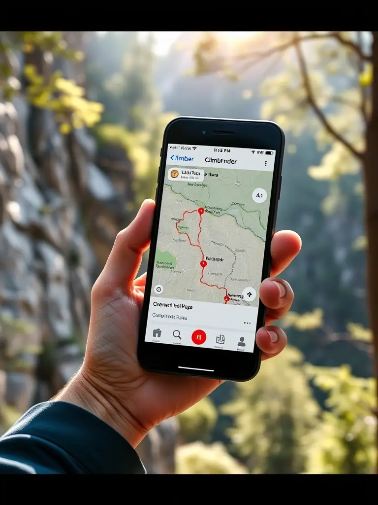 A climber using the ClimbFinder app on their phone to navigate a climbing route, with the app displaying offline maps and route details.