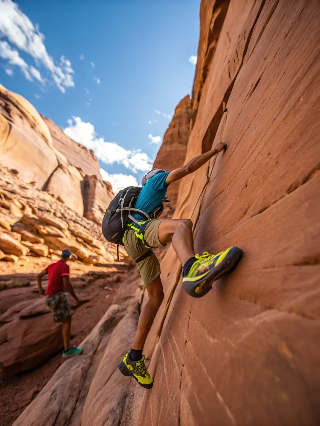 A scenic view of climbers enjoying a sunny day at Red Rock Canyon, Nevada, highlighting the diverse climbing terrain.