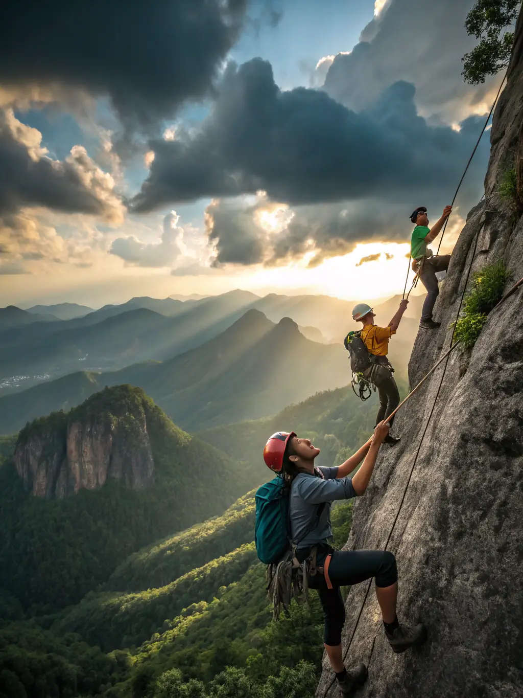 A vibrant photo of climbers scaling a challenging rock face in Yosemite National Park, showcasing the thrill and beauty of climbing.